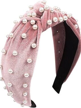 Pearl-Embellished Pink Velvet Knotted Headband